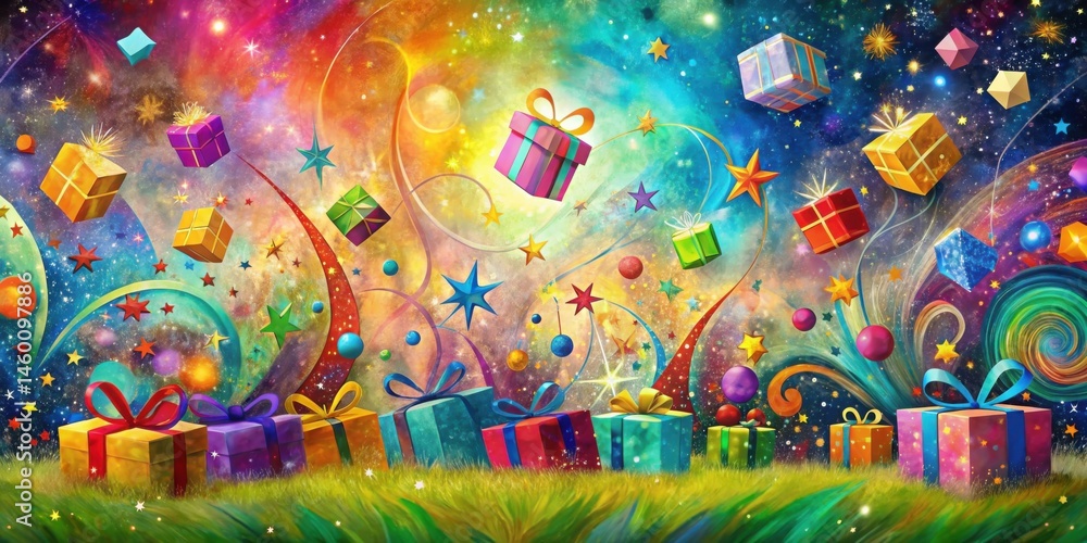 Fototapeta premium A magical celebration with presents and stars, swirling with vibrant colors and a joyful spirit