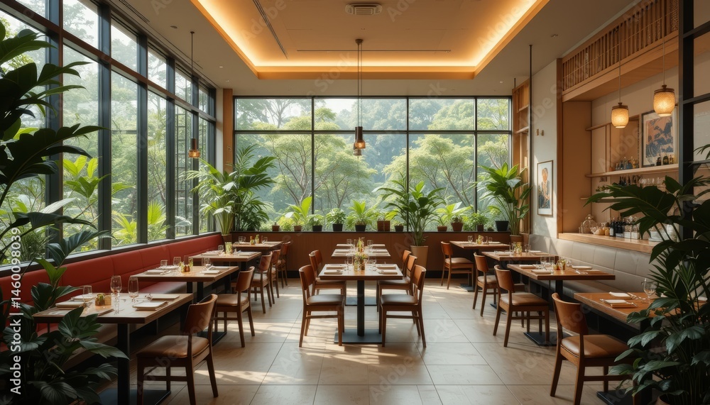 Fototapeta premium Bright Restaurant with Forest Views and Indoor Plants