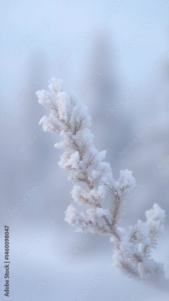 Close-up of an evergreen branch covered in snow crystals with a soft pale blue background creating a frosty winter seasonal scene Close-up of an evergreen branch covered in snow crystals with a soft pale blue background creating a frosty winter seasonal scene