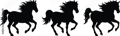 Three Elegant Black Horse Silhouettes on White Background for Design