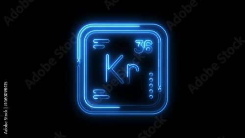 Krypton element symbol animation glowing neon style displayed on black background chemical element graphic