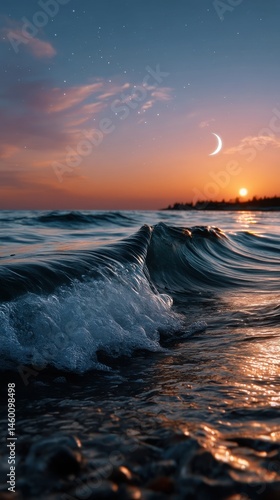 Dramatic ocean wave illuminated by sunset colors with new moon and starry sky creates peaceful seascape at dusk