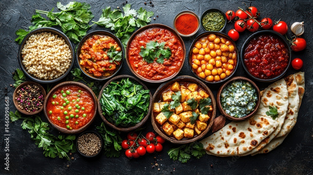 Assorted Indian dishes including curries, rice, naan, and vegetables. Assorted Indian dishes including curries, rice, naan, and vegetables.