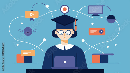 Student in a Virtual Classroom A focused student sitting at a hightech desk surrounded by floating screens depicting educational content. Cords connect to their headgear with