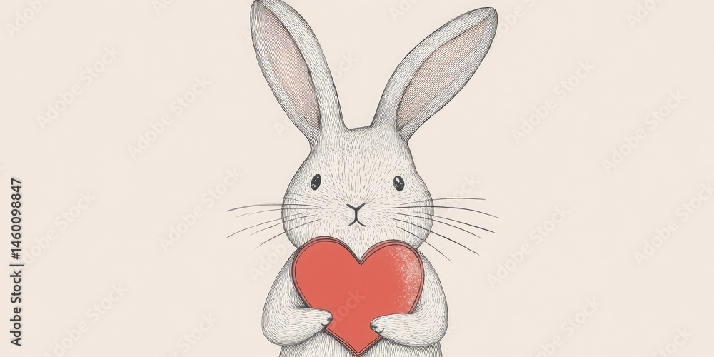 Fototapeta premium Adorable Bunny Holding a Heart: A Sweet Illustration of Love and Affection