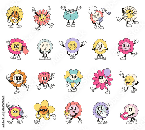Groovy retro flower cartoon characters with coffee, balloons, gifts, emotions, headphones, letters, crowns, gestures, poses, expressions and joy