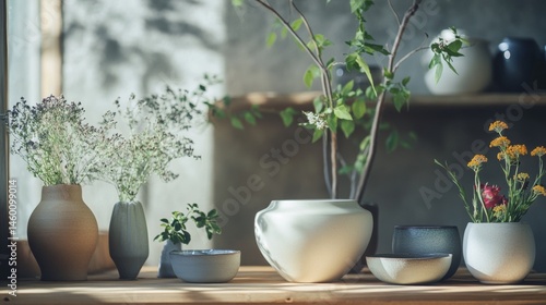 Wallpaper Mural Elegant flower arrangement with vases on wooden table for home decor styling floral minimalist modern setup Torontodigital.ca