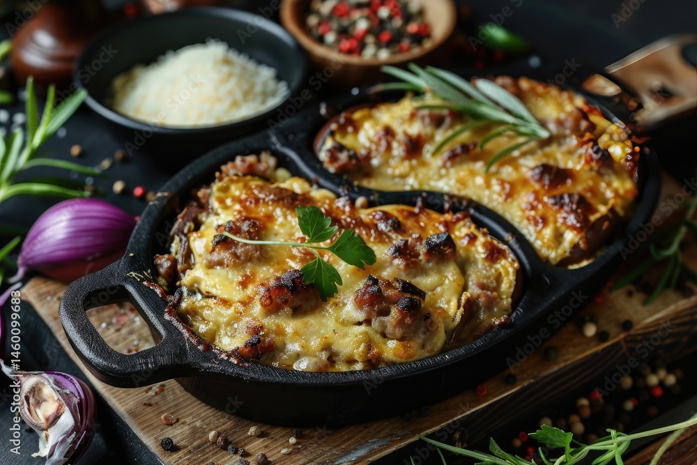 eggplants stuffed with meat and au gratin with cheese on wooden board with spices eggplants stuffed with meat and au gratin with cheese on wooden board with spices