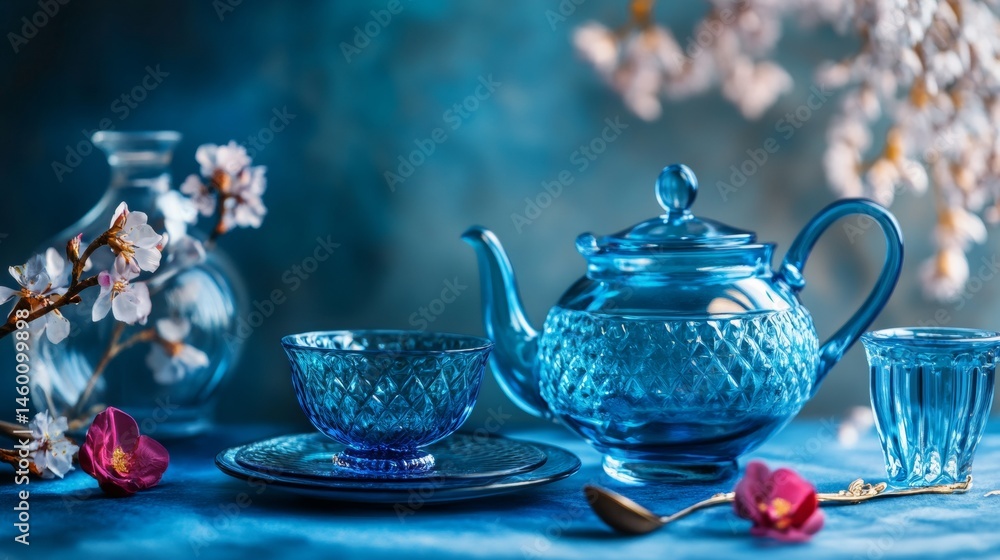 Fototapeta premium Elegant blue tea set with cherry blossoms for vintage still life drink ceremony delicate classic
