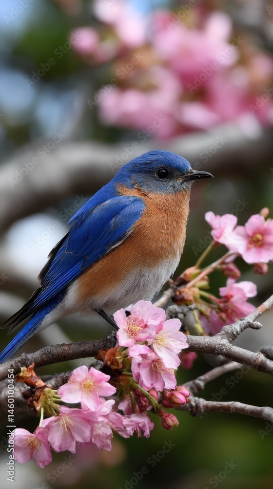 Fototapeta premium Eastern Bluebird Perched Among Blooming Pink Cherry Blossoms During Springtime Beauty of Nature Avian Wildlife
