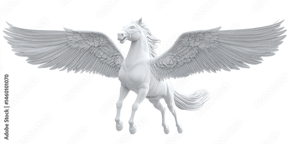 Fototapeta premium Majestic White Pegasus in Flight: A 3D Render of a Mythological Creature with Wings Spread Wide Against a Pure White Background