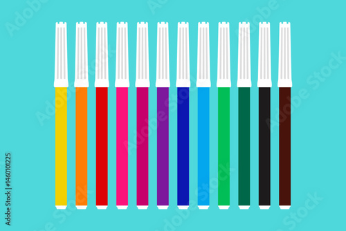 Set of multi-colored felt-tip pens. Twelve pieces. Colored silhouette. Front side view. Vector simple flat graphic illustration. Isolated object on blue background. Isolate.