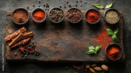Fototapeta Naklejka Na Ścianę i Meble -  Assorted spices and herbs on rustic wooden board.
