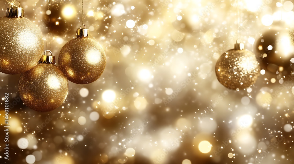 Golden Christmas Ornaments Hanging Against a Festive Bokeh Background Golden Christmas Ornaments Hanging Against a Festive Bokeh Background