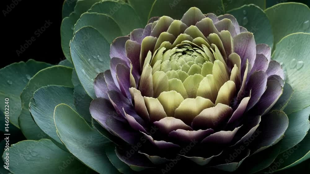 Ornamental cabbage macro, showing intricate layers of purple and green leaves creating a unique floral pattern with water droplets on the foliage Ornamental cabbage macro, showing intricate layers of purple and green leaves creating a unique floral pattern with water droplets on the foliage