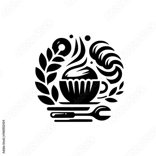 Elegant Coffee Logo: Black & White Cup, Spoon & Leaves