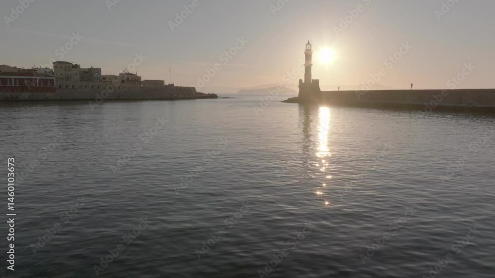 View of Chania with the amazing lighthouse, mosque, venetian shipyards, Crete, Greece.Waves crashing on lighthouse, Beautiful Greece and best scenic places - panorama View of Chania with the amazing lighthouse, mosque, venetian shipyards, Crete, Greece.Waves crashing on lighthouse, Beautiful Greece and best scenic places - panorama