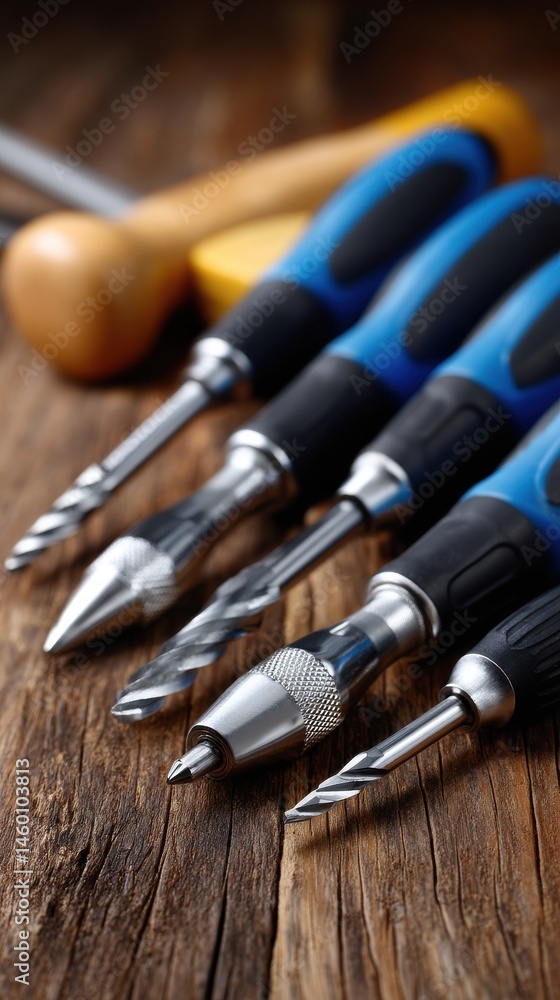 Naklejka premium Screwdrivers with Blue Handles on Rustic Wooden Workbench, Hardware Tools