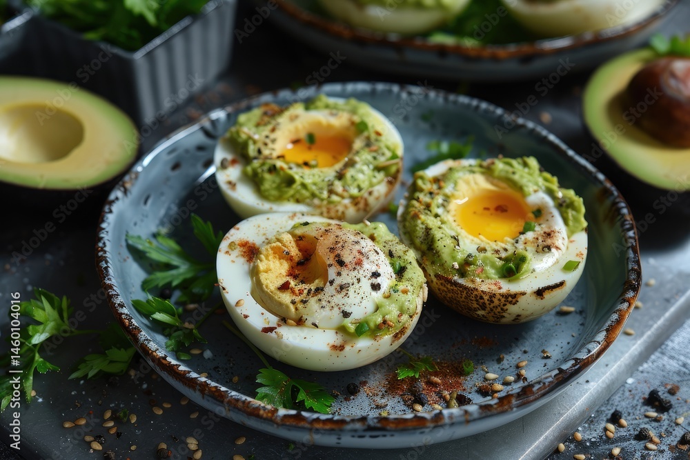 Boiled eggs with creamy avocado filling, styled as elegant appetizer for gourmet dinner Boiled eggs with creamy avocado filling, styled as elegant appetizer for gourmet dinner