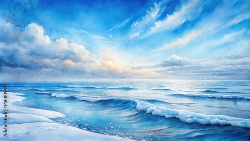 Watercolor Seascape Depicting a Serene Coastal Scene With Gentle Waves Rolling In Towards the Shore Under a Blue Sky Adorned With Wispy Clouds