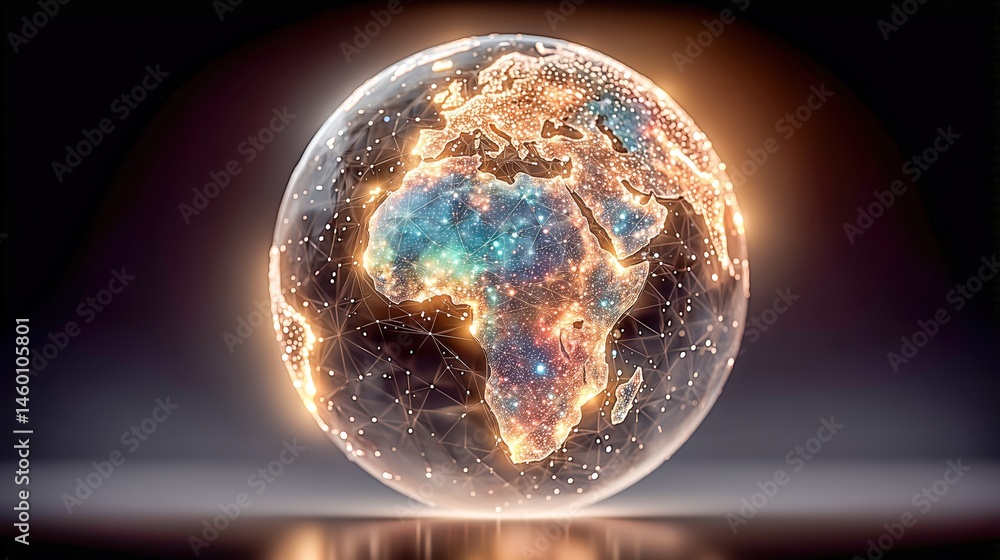 Naklejka premium 3D globe with interconnected lines and illuminated Africa.