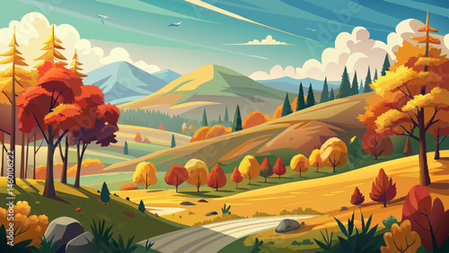 landscape with trees on the hill in autumn. natural environment. mountainous countryside in fall colors on a sunny day. colorful foliage