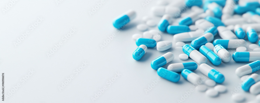 Assorted blue and white pills and capsules scattered on clean backdrop Assorted blue and white pills and capsules scattered on clean backdrop