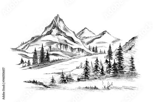 Mountain landscape sketch. mountains, river, trees. Monochrome grayscale landscape on a white background. Hand drawing in pencil. Rocky peaks in a graphic style.