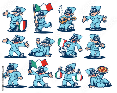 puffin set characters naples italy logo mascot cartoon retro