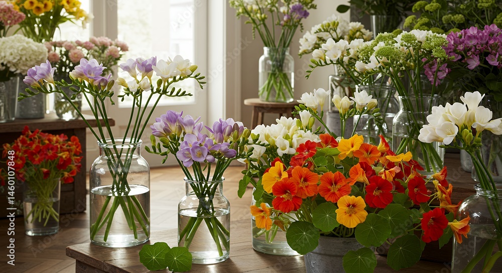 Fototapeta premium Flowers in Vases on Wooden Table