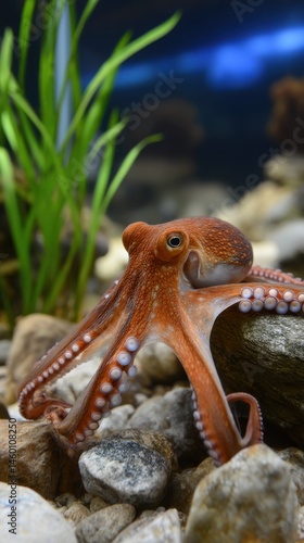 Close-up of an orange octopus in an aquarium resting on river rocks with green aquatic plants