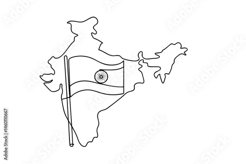 Single line art representing india's geographic boundaries with a national flag depicting patriotism and independence.