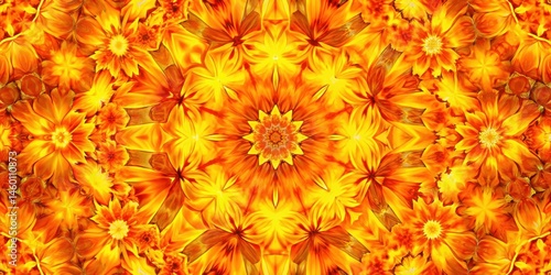 A kaleidoscope of vibrant orange and yellow flowers arranged in a symmetrical pattern, creating a beautiful floral abstract artwork.