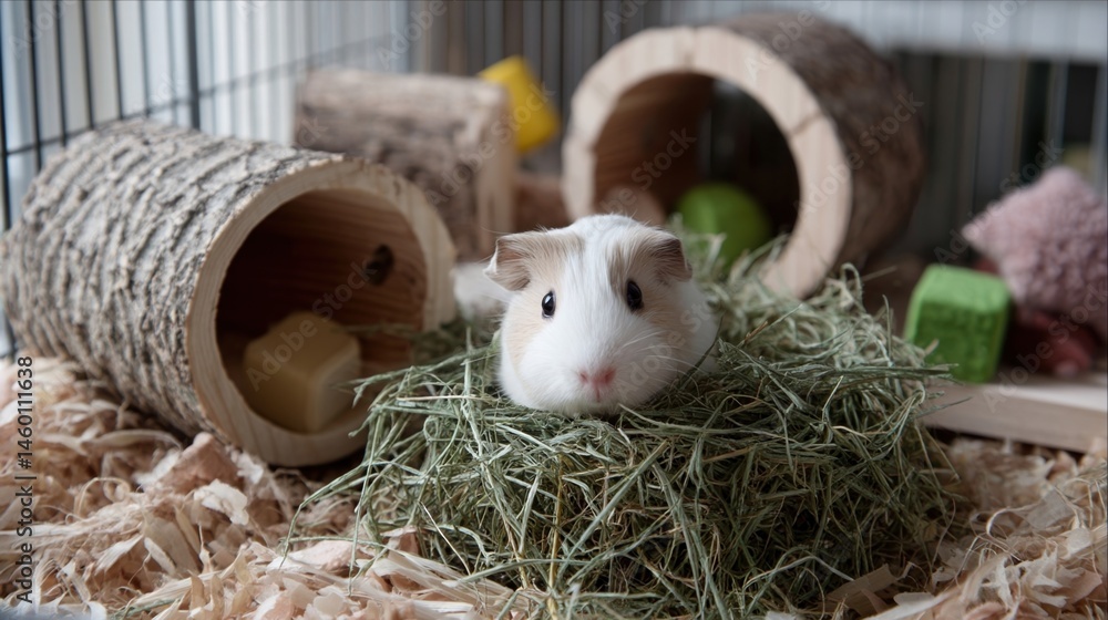 A comforting scene of a guinea pig nestling in a soft hay bed inside a spacious cage with wooden tunnels and chew toys tered around.