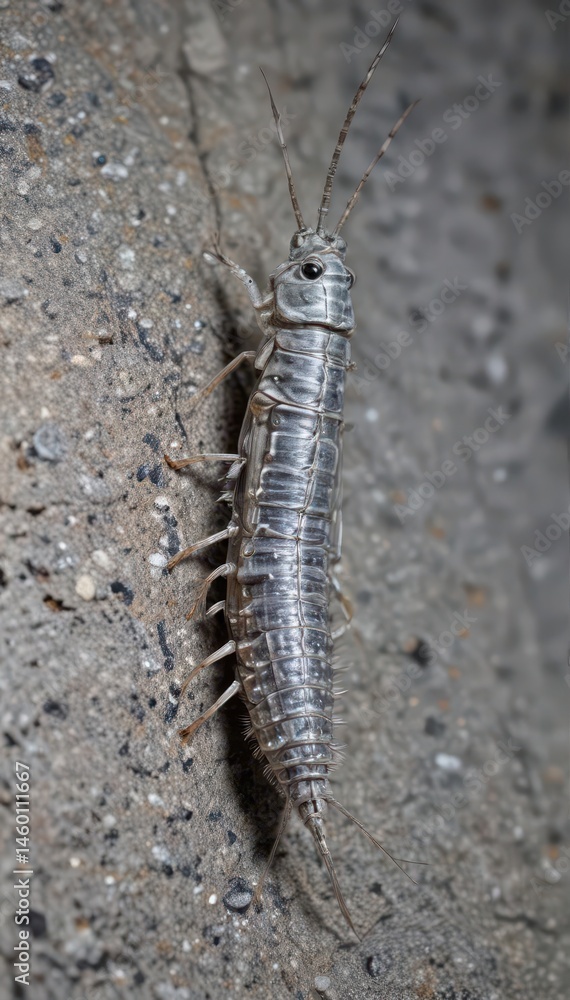 A shimmering silverfish clings to rough gray stone , invertebrate, insect A shimmering silverfish clings to rough gray stone , invertebrate, insect