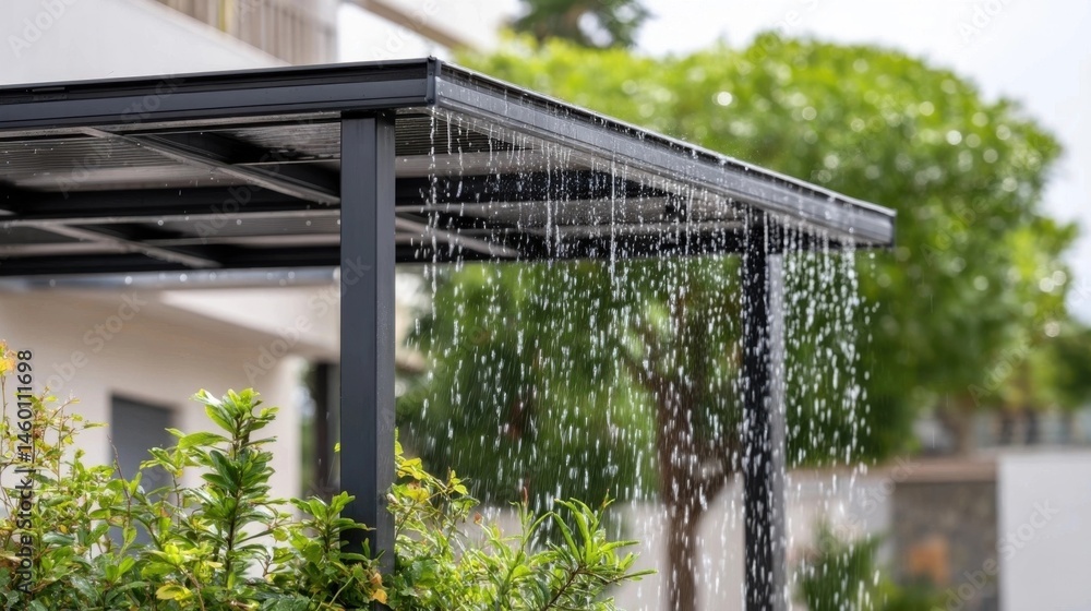 Fototapeta premium Rainwater flows off a modern pergola, creating a soothing water curtain effect, near green bushes.