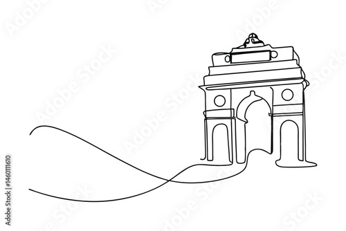 Elegant continuous line drawing illustration of the iconic india gate monument showcasing architectural simplicity on a white background.