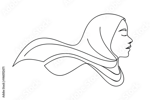 Elegant minimalist line art portrait depicting a woman wearing a hijab in a serene and peaceful side profile pose.