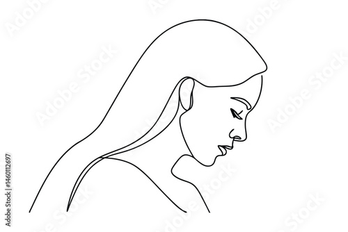 A simple minimalist one line drawing depicting a woman in profile with long flowing hair on white background