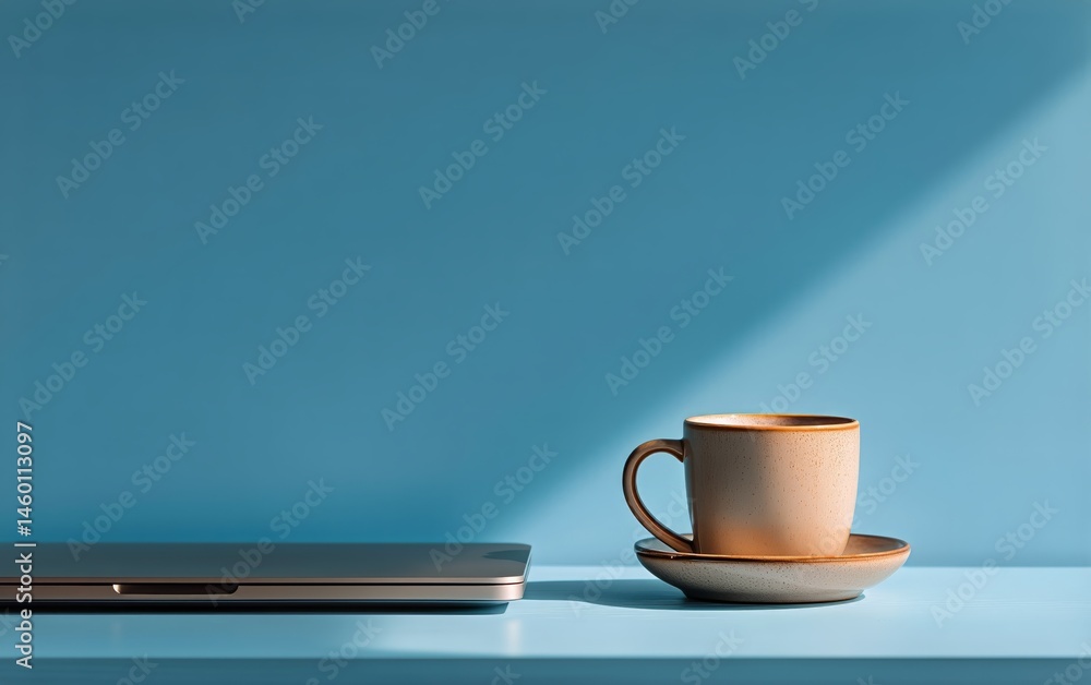 Obraz premium Morning Workspace With Laptop and Coffee Cup on Vibrant Blue Background