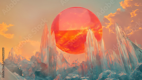 A crystalline planet where massive, transparent mountains refract the fiery light of a colossal red sun. [Solar Echoes] | Echoing Dawn | refracted sunrise. Illustration