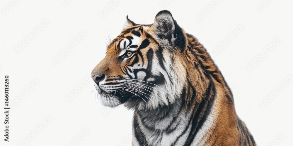 Fototapeta premium Majestic Tiger Profile Against a White Background: A Stunning Wildlife Portrait