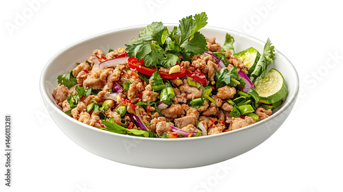 Delicious Thai Larb Gai Recipe Spicy Minced Chicken Salad isolated on transparent background