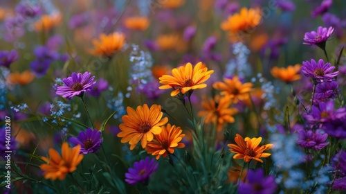 Blooming Wildflowers: Orange Gazanias & Purple Asters in Meadow - Macro shot