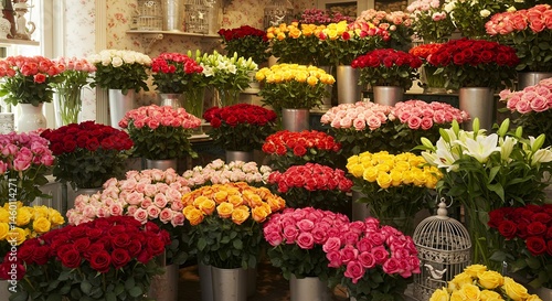 Flower Shop Display Roses, Lilies and Vibrant Bouquets