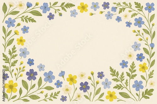 Watercolor floral frame with yellow and blue wildflowers
