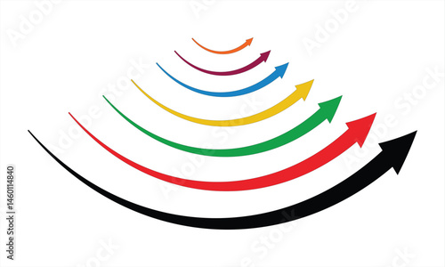 Single headed curve long multi color arrow icon set. One sided curved arrow icon. Black red green blue semi circular arrow.  Curve arrow. Replaceable vector design. Double reverse arrows.