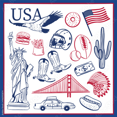 USA symbols set with Liberty Statue, cowboy boots, burger, flag, eagle, football, cactus, hot dog, NYC taxi, Golden Gate, native headdress. American culture, travel, tourism, vector