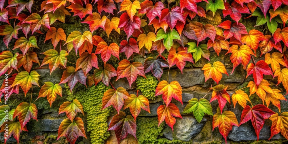 Fototapeta premium A Vibrant Tapestry of Autumn Hues Embraces a Stone Wall, Creating a Stunning Display of Nature's Artistry