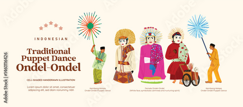 Isolated Indonesian Betawi culture Puppet dance carnival cellshaded handdrawn illustration